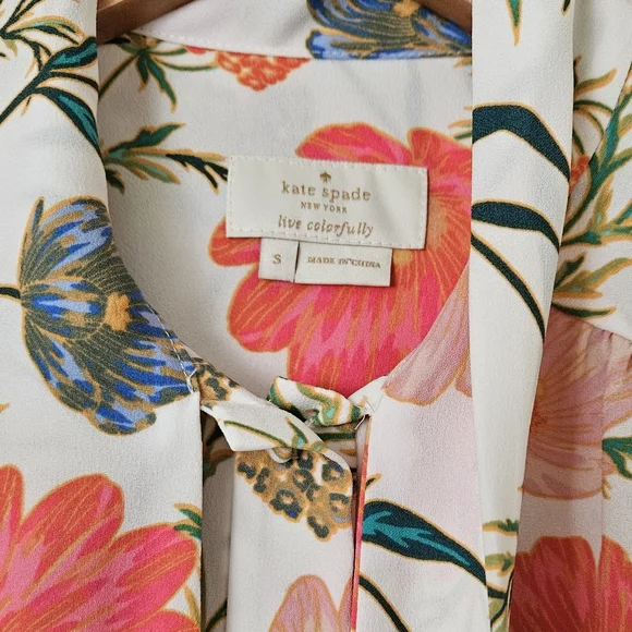 kate spade Floral Tie-Neck Blouse in White with Pink and Green - Picture 3 of 4